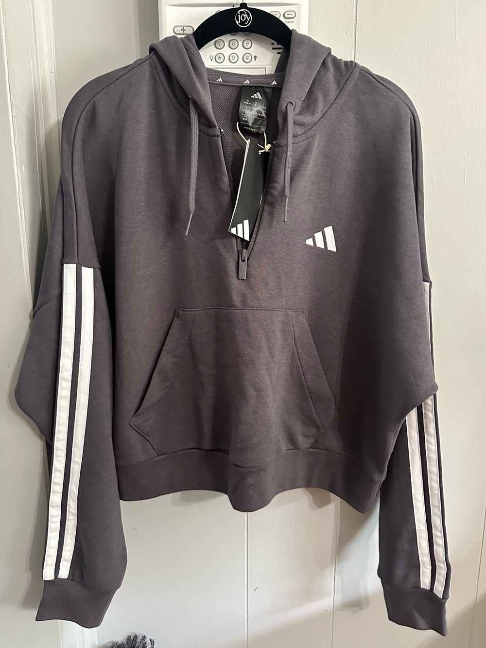 adidas 3 Stripe French Terry 1/4 Zip Hoodie in Grey